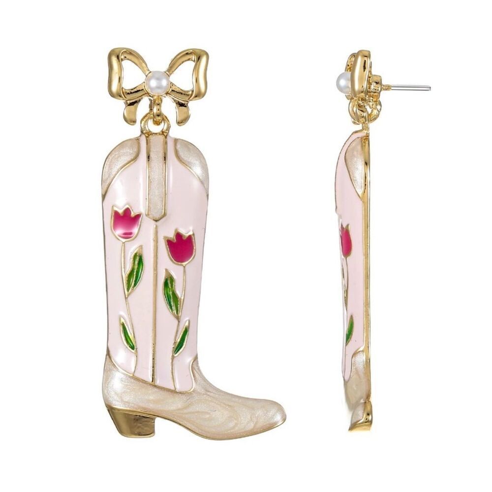 New Packed Party Pink Tulip Cowboy Boot Drop Earrings - Gold Bow Accent